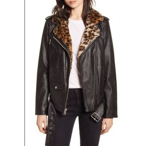 Levi's Women Black Faux Leather Faux Leopard Fur Collared Moto Biker Jacket Sz S
